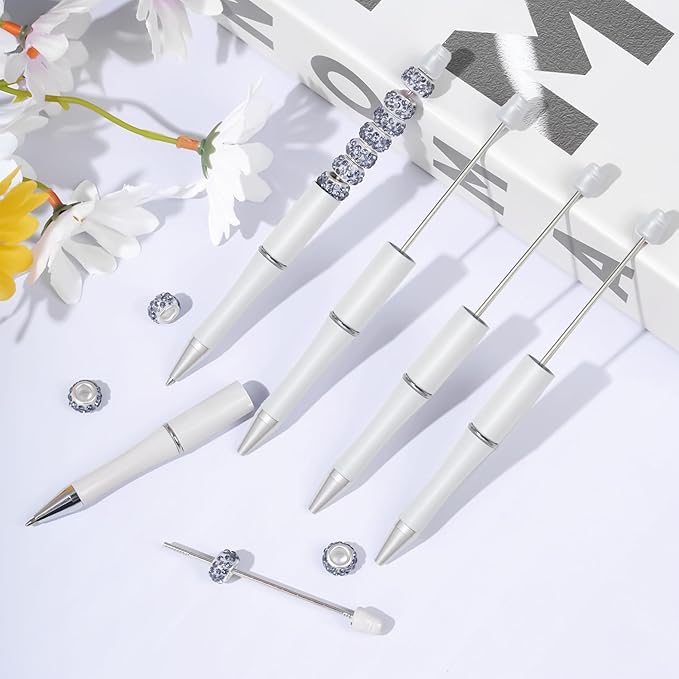 jiebor 20Pcs White Beadable Pens Plastic Bead Ballpoint Pens Bulk with 50Pcs Black Ink Cute Cool Diy Pens for Journaling Women Teacher Graduation Christmas Gift Office Supplies