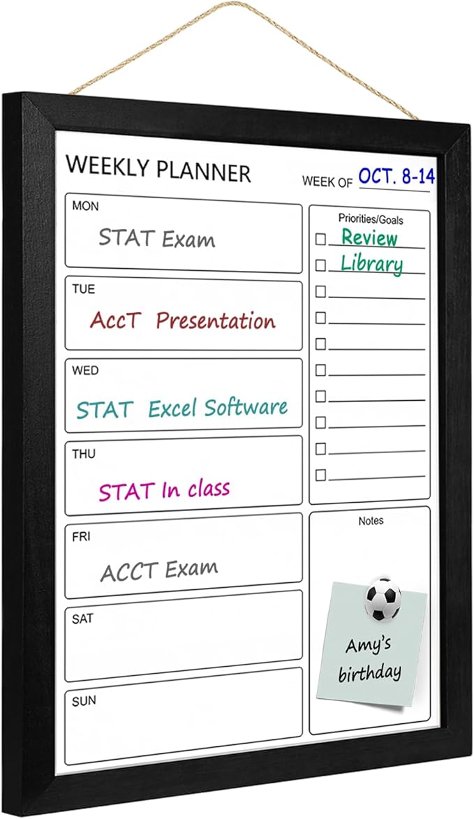 Dry Erase White Board Weekly Calendar Board, Magnetic Whiteboard for Wall,13“x17 Solid Wood Black Framed Message Board, Planner Board for Office, Home, School(Weekly-BB-BK-3343