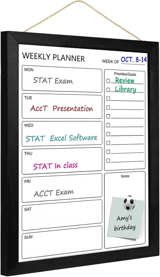 Dry Erase White Board Weekly Calendar Board, Magnetic Whiteboard for Wall,13“x17 Solid Wood Black Framed Message Board, Planner Board for Office, Home, School(Weekly-BB-BK-3343