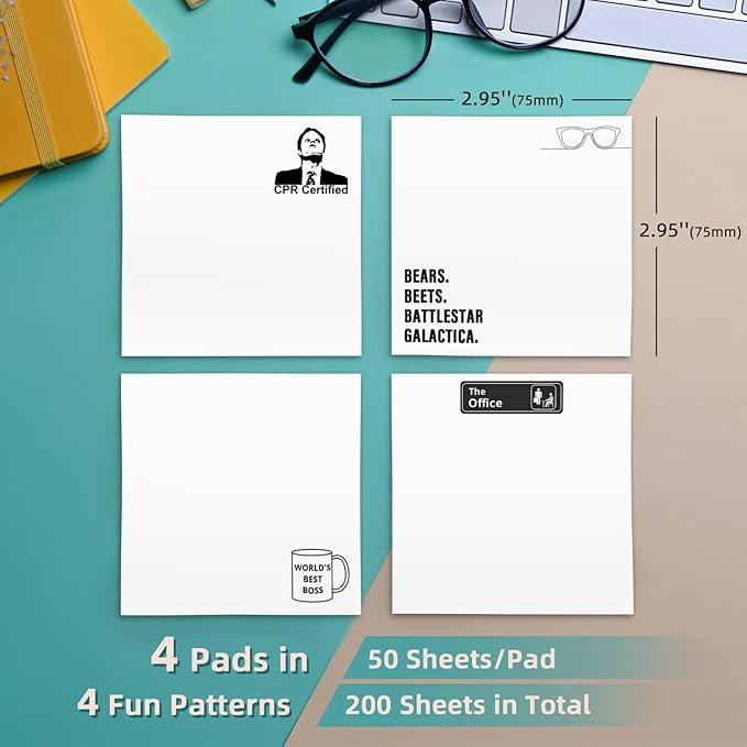 Funny Sticky Notes Cute 4 Pads, Office Sticky Note Pads, CPR Certified, World's Best Boss, Cute Sticky Notes Office Desk Gifts, Self-Stick Note Pads Bulk, Set of 4