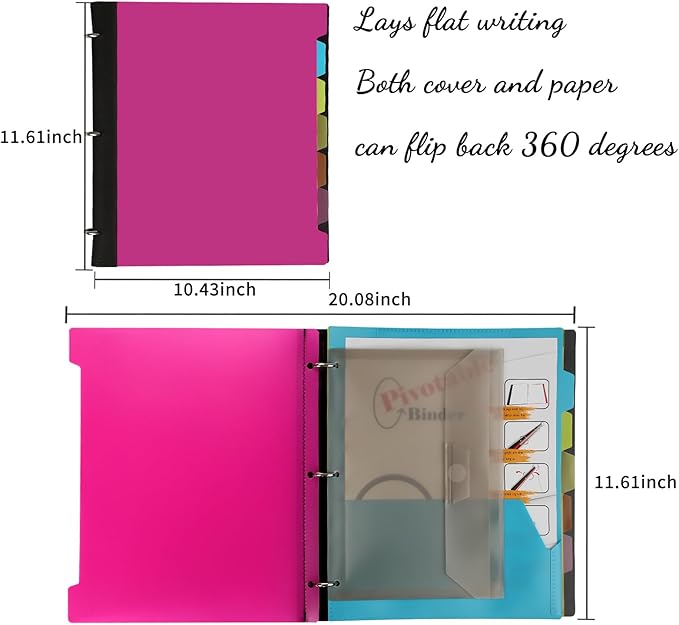 2 Pcs Pivotable Refillable Notebook, 3 Ring Binder Notebooks 1 Inch, Notebook with Dividers and Pockets, Folder Notebook, Flexible Binder, Soft Binders 3 Ring, Foldable Binder- Pink