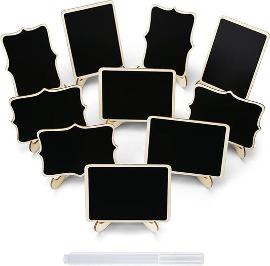 12 Pcs Mini Chalkboard Signs, Small Chalkboard Labels with Easel Stand, Wooden Blackboard for Table Numbers, Food Signs, Wedding Signs, Place Cards and Event Decoration, with 1 Liquid Chalk