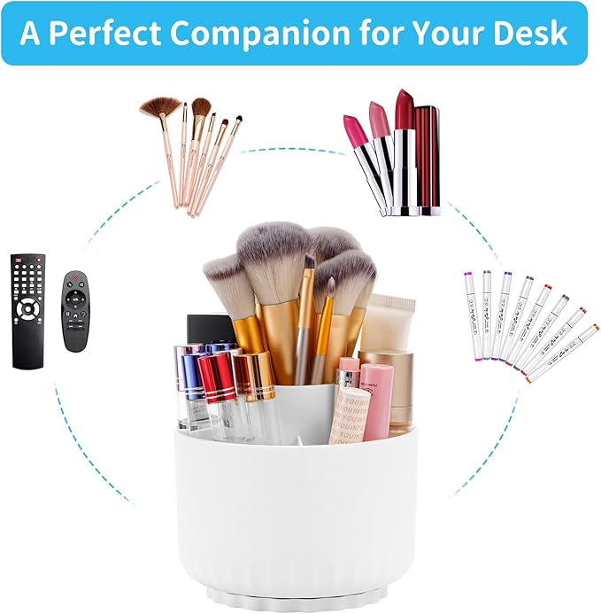Marbrasse 360-Degree Rotating Pen Pencil Holder, Desk Organizer with 5 Compartments, Art Supply Storage Box Caddy for Office, Home (White)