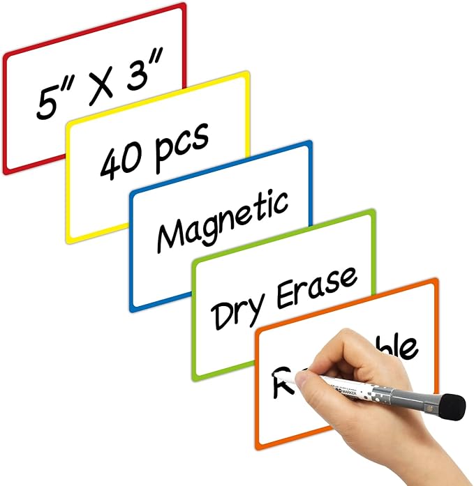 Dry Erase Magnetic Label 5x3 Inch Colored Border, 40 Pack, Reusable Magnetic Dry Erase Labels, Magnet Labels for Whiteboards