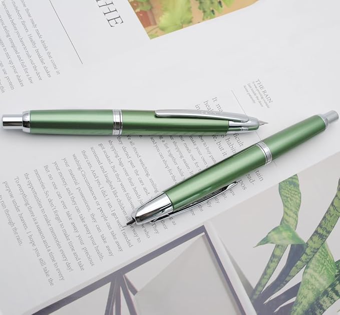 JINHAO 10 Press Fountain Pen, Retractable Metal Pen with Ink Converter (EF Nib 0.38mm, Light Pine Green)