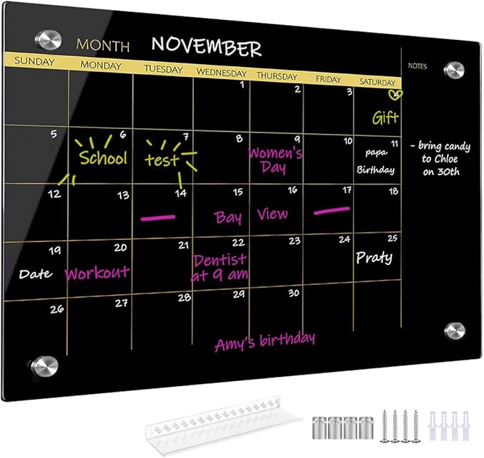 Glass Dry Erase Whiteboard,Monthly Calendar Whiteboard,18" x 24",Frameless Glass White Board for Home,School,Office,Blace Surface(GlassA-BK-4560)