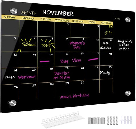 Glass Dry Erase Whiteboard,Monthly Calendar Whiteboard,18" x 24",Frameless Glass White Board for Home,School,Office,Blace Surface(GlassA-BK-4560)