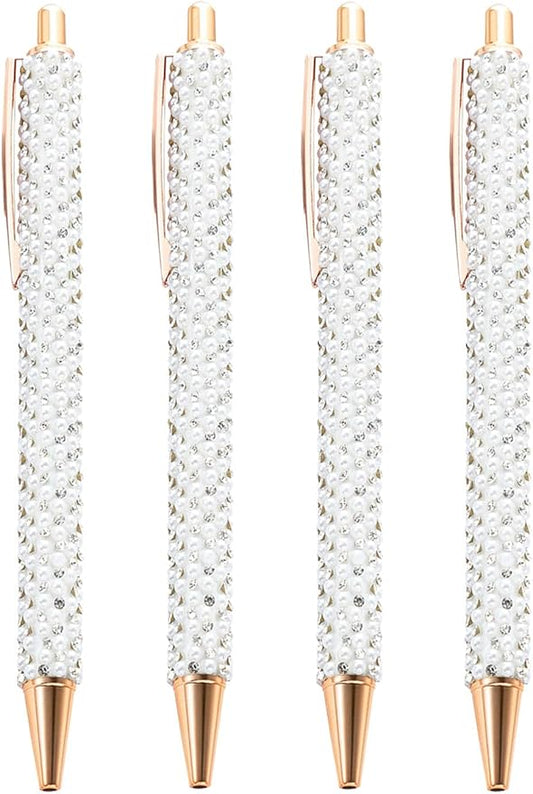 4 Pcs White Pearl Pens Rhinestone Metal Ballpoint Pens Sparkly Crystal Pens Black Ink for Women Girls Office School Supplies