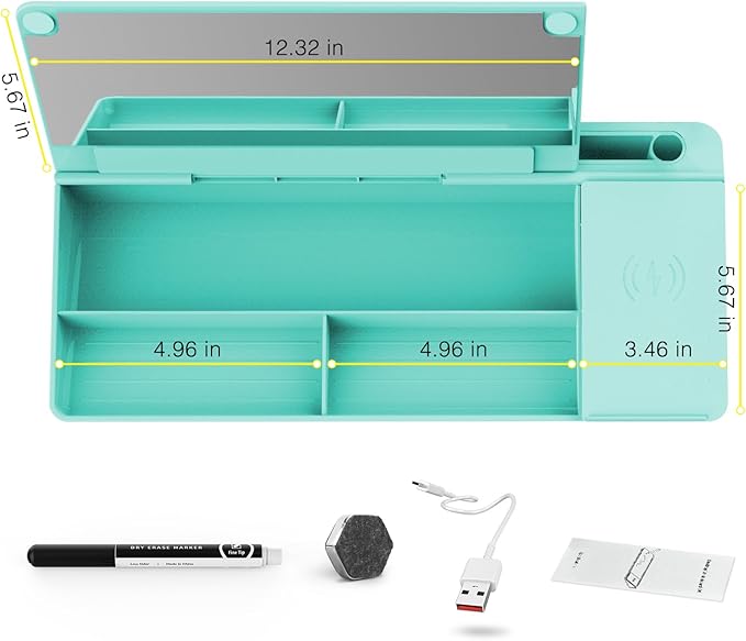 TOWON Desktop Glass Whiteboard with Charger Pad, Whiteboard for Desk with Charging Station, Desk Buddy Dry Erase with Charger for Home Office, Dry Erase Computer Desk Notepad, Teal Blue, 17 x 6 in