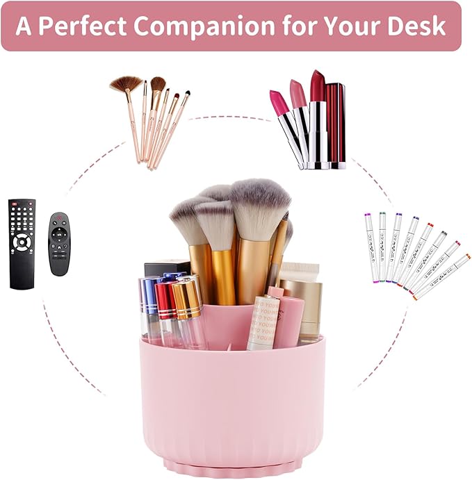 Marbrasse Desk Organizer - 360-Degree Rotating Pen Pencil Holder with 5 Compartments, Art Supply Storage Box Caddy for Office and Home (Pink)
