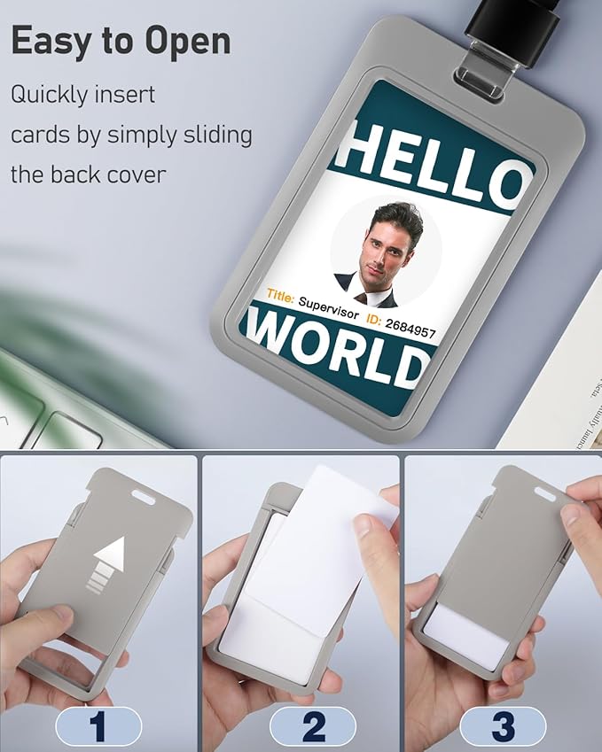 Uniclife 3 Pack Sliding ID Badge Holder Vertical Hard Plastic Case with Clear Window Grey Card Protector Pouch for Office School ID Credit Cards Proximity Key Cards Driver’s Licenses and Passes