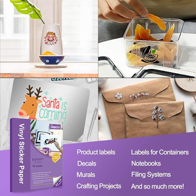 Printable Vinyl Sticker Paper Waterproof Translucent Decal Paper Self-Adhesive Clear Labels Crafts Dries Quickly for Any Epson HP Canon Sawgrass Inkjet Printer