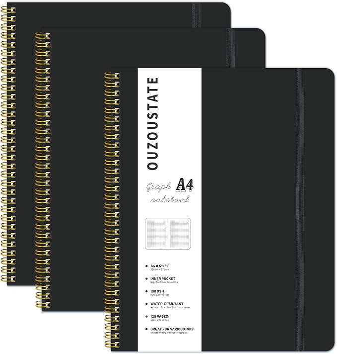 Grid Notebook 8.5" x 11", A4 Black Graph Paper Notebook Hardcover College Ruled Notebook for Work, 120 Pages 100GSM Large Thick Spiral Writing Journal for Women & Men
