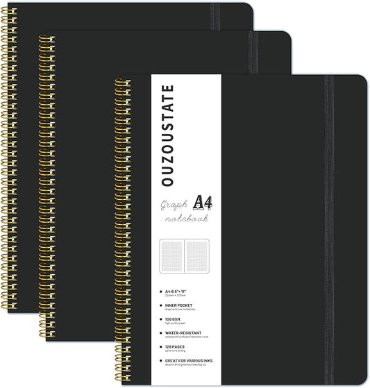 Grid Notebook 8.5" x 11", A4 Black Graph Paper Notebook Hardcover College Ruled Notebook for Work, 120 Pages 100GSM Large Thick Spiral Writing Journal for Women & Men
