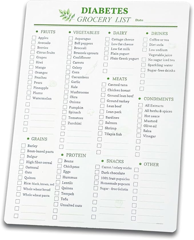 Reusable Diabetes Grocery Shopping List Food Chart & Meal Planner and Glycemic Index Diabetes Management | Double Sided Erasable material A4 size