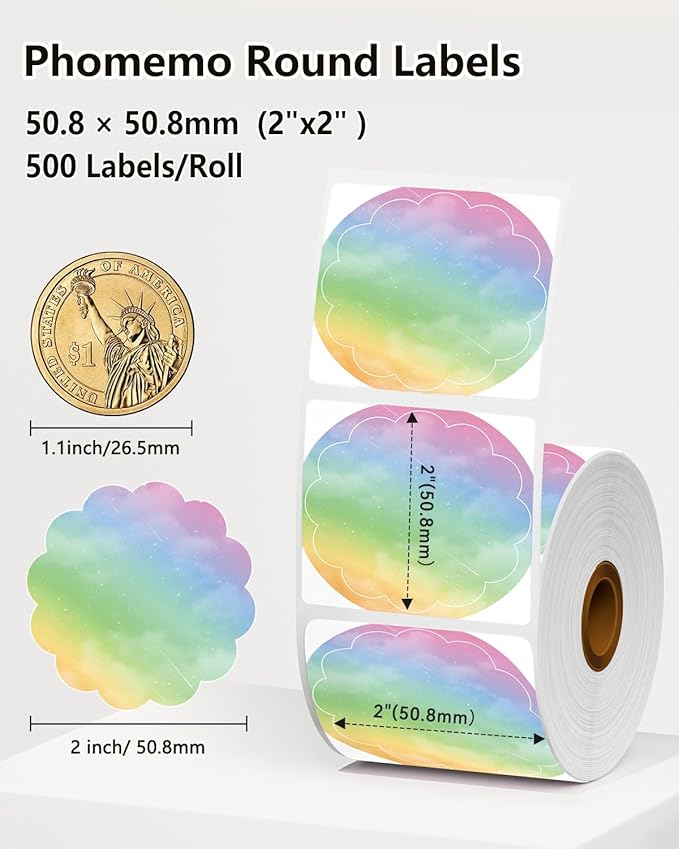 Phomemo 2” Wavy Circle Thermal Label, Self-Adhesive Direct Sticker Labels, Thermal Printer Label for Logo Design, Name Tag, Thanks Card, Address, QR Code, 500 Labels/Roll, Gradient