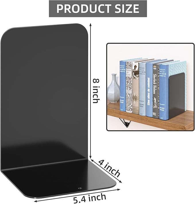 VFINE Bookends, Metal Black Book Ends for Shelves, Bookends for Shelves, Heavy Duty Bookends, Bookend Stopper for Heavy Books, Book Ends to Hold Books for Home Office, 2 Pairs