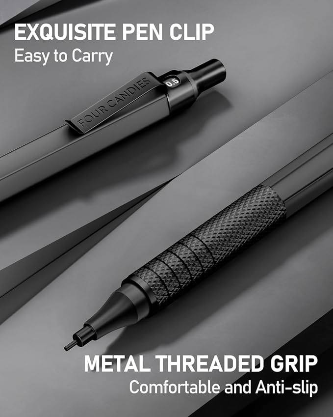 Four Candies 2PCS Metal Mechanical Pencils Set with Case, 0.5mm & 0.7 mm Artist Pencil with 6 Tubes (360PCS) HB Lead Refills, 3 Erasers,9 Eraser Refills For Writing Drafting, Drawing, Black