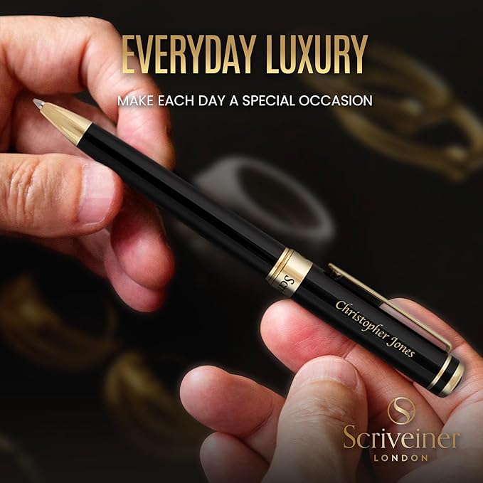 Scriveiner Personalized Black Ballpoint Pen - Stunning Luxury Pen, Jet Black Lacquer, 24K Gold Finish, Schmidt Ink Refill, Best Engraved Ball Point Gift Set for Men & Women, Custom Name Engraving