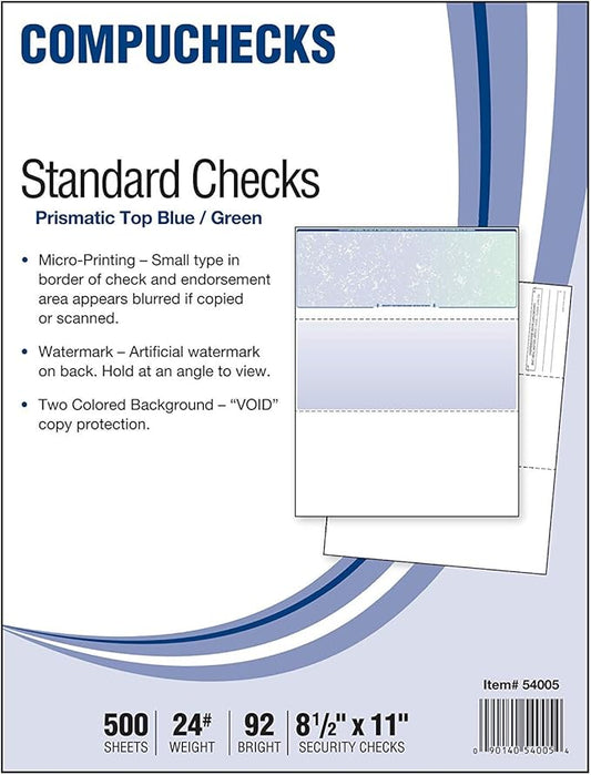 Compuchecks Check on Top Blank Check Paper - 500 Pack, Quick-Books & Laser Printer Compatible - Security Business Checks with Voucher - 8.5" x 11" Blue/Green Prismatic