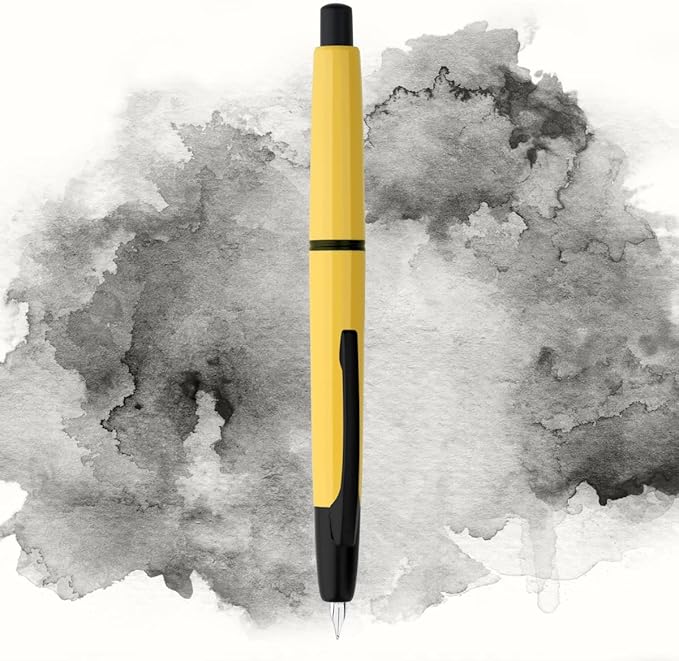 Majohn A2 Press Fountain Pen Extra Fine Nib with Box, Retractable Yellow Resin Ink Pen with Converter Writing Set (Black Clip Version)