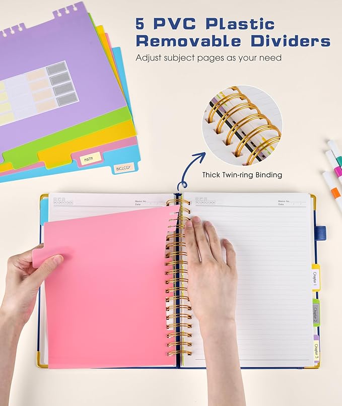 Hardcover Spiral Notebook journal with Removable Dividers Tabs, 300 Pages Leather 5 Subject Notebook College Ruled, 8"x10" Large B5 Notebooks for Work School Note taking, Lined Journal for Women,Navy