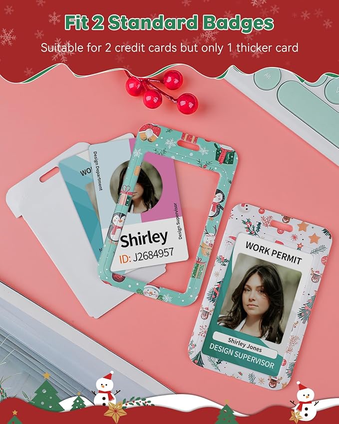 Uniclife 2 Pack Christmas Sliding Badge Holder Hard ID Card Holder with Cartoon Santa Claus & Snowman Patterns Vertical Card Protector with Retractable Badge Reel Carabiner & Detachable Lanyard Strap