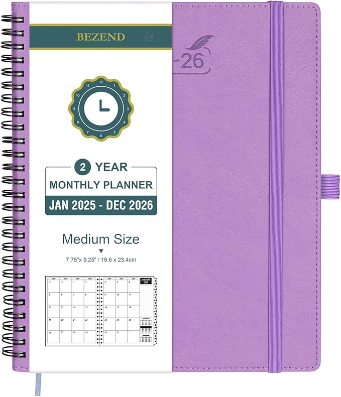 BEZEND 2 Year Monthly Planner 2025-2026 Medium Size 7" x 9" (Jan 2025 - Dec 2026) Spiral Calendar Book with Tabs, 120 GSM Thick Paper, Storage Pockets & Notes, PU Leather Softcover in Lavender