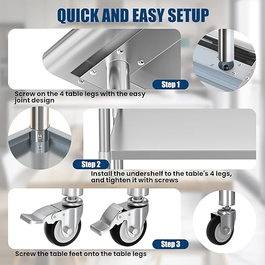 Stainless Steel Table with Wheels 14 x 48 Inches Metal Prep Table with Backsplash & Caster, Adjustable Undershelf for Commercial Kitchen, Outdoor, Restaurant, Hotel & Garage