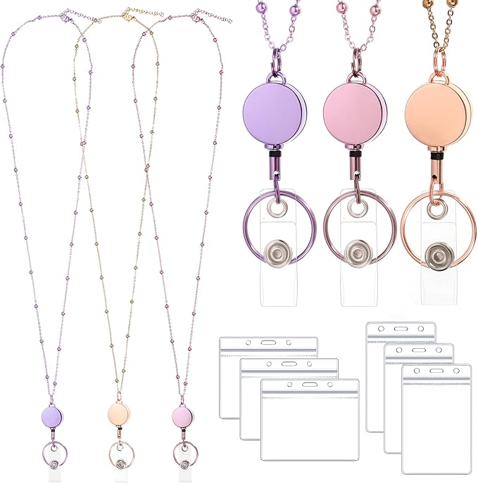 Lanyards for Id Badges 3 Pack Badge Lanyard with 6 Pcs Id Badge Holder Retractable Badge Holders Stainless Steel Teacher Lanyards for Women Cruise Ship Lanyards (Rose Gold, Pink, Purple)