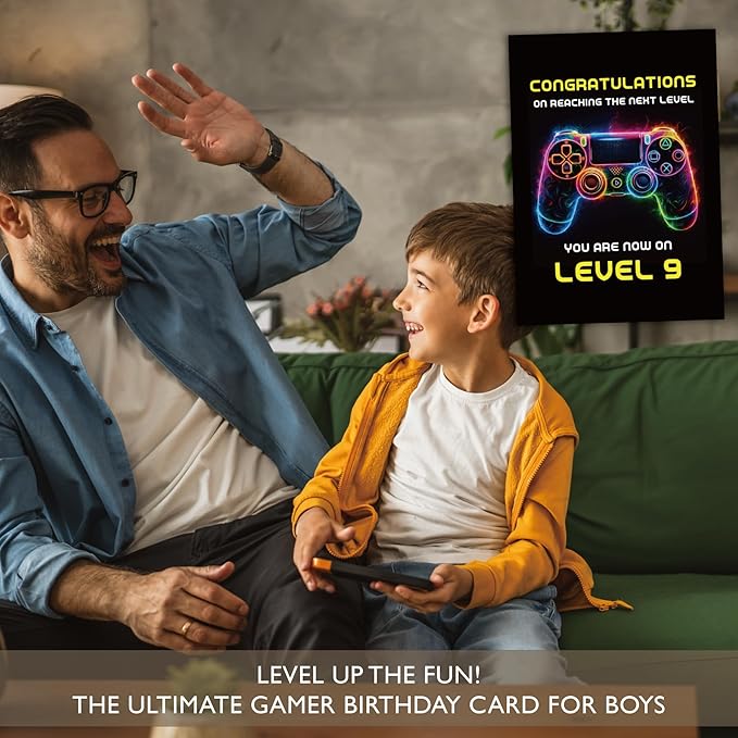 Gooji 5x7 Gamer Birthday Card for Boys and Girls - Level-Up Design for Ages 9, 10, 11, 12 - Perfect Gaming Party Greeting Card (10Y)