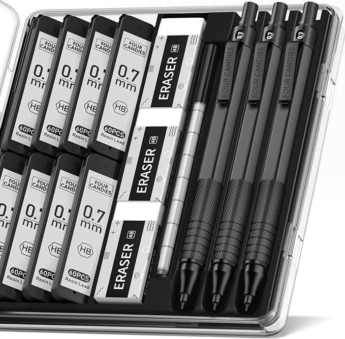 Four Candies Mechanical Graphite Pencil Set, 3pcs Black Metal Pencils with Anti-Skid Grip, Ideal for Artists, Professionals, Teachers and Students