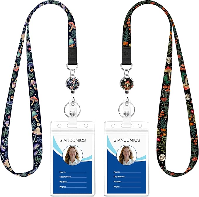 Giancomics Lanyards for Id Badges, Mushroom Cute Lanyards with Retractable Reel, Waterproof ID Badge Holder for Cruise Ships Cards Key, Office Work Name Tag Zip Card Protector 2 Pack