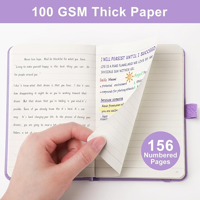 EMSHOI Lined Journal Pocket Notebook - A6 Small Leather Hardcover Notebook for Women, College Ruled 160 Numbered Pages, Mini Notepad for Travel Work School Office Writing Gifts 3.7x5.7, Light Purple