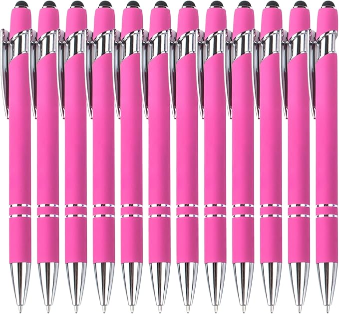 Ballpoint Pens with Stylus Tips,12 Pcs Pink Retractable Metal Stylus Pen for Touch Screens, 1.0 mm Black Ink