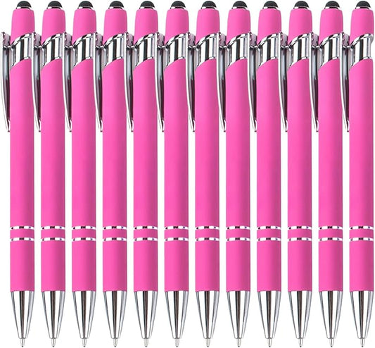 Ballpoint Pens with Stylus Tips,12 Pcs Pink Retractable Metal Stylus Pen for Touch Screens, 1.0 mm Black Ink