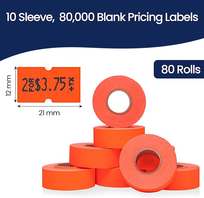 Perco 1 Line Fluorescent Red Labels - 80 Rolls, 10 Sleeves, 80,000 Blank Price and Date Gun Labels for Perco 1 Line Price and Date Guns - Made in USA