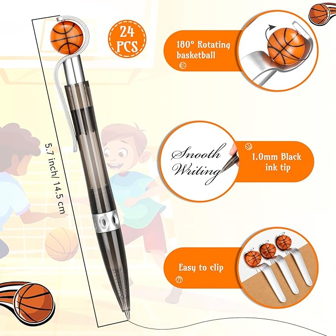 Zhanmai 24 Pcs Novelty Basketball Pens Sports Ballpoint Pens Basketball Party Favors Desk Cool Writing Tool for Students Supplies Stationery School Office Decor(Black,Basketball)