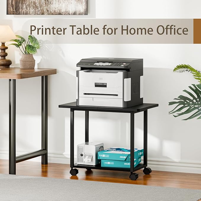 MARTY 22"x15.75" Large Under Desk Printer Stand with Storage Shelf 2-Tier Rolling Printer Cart with Wheels Printer Table for Home Office Heavy Duty Storage Rack for Scanner Fax Machine, Black