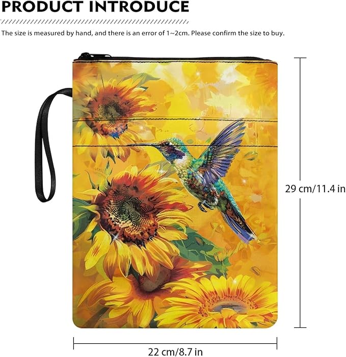COEQINE Sunflower Birds Book Covers for Women Men Portable Washable Book Sleeves for Book Lover Back of School Large Capacity Yellow Cute Animal Book Pouch