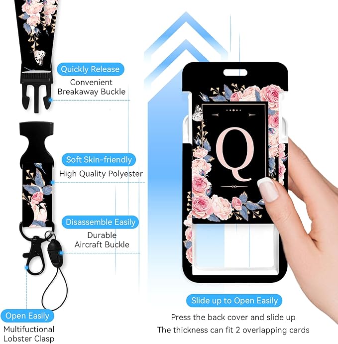 A-Z Badge Holder with Retractable Reel and Breakaway Lanyard Badge Clips Retractable Heavy Duty Badge Reel,Keychain,ID Holder with Breakaway Lanyard for School Nurse Office Teen Q