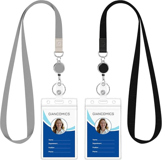 Giancomics Black Lanyards for Id Badges, ID Badge Holder with Retractable Reel, Waterproof Lanyards for Cruise Ships Cards Key with ID Card Holder Office Work Name Tag Zip Type Card Protector 2 Pack