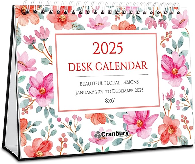 CRANBURY Standing Desk Calendar 2025 8x6 (Floral), Small Stand Up Calendar with Gorgeous Flower Designs, Compact Monthly Flip Popup Desktop Calendar