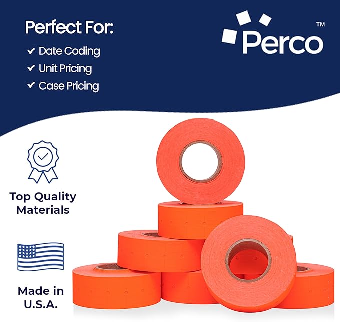 Perco 1 Line Fluorescent Red Labels - 8 Rolls, 1 Sleeve, 8,000 Blank Price and Date Gun Labels for Perco 1 Line Price and Date Guns - Made in USA
