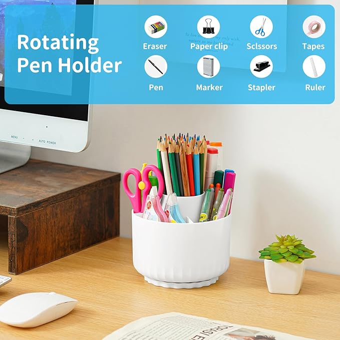 Marbrasse 360-Degree Rotating Pen Pencil Holder, Desk Organizer with 5 Compartments, Art Supply Storage Box Caddy for Office, Home (White)