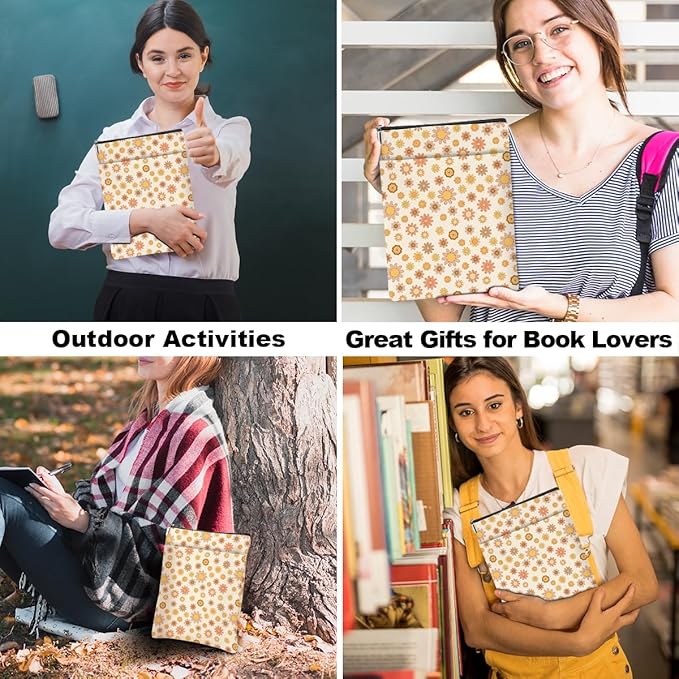 Retro Floral Pattern Book Lovers Gifts Waterproof Book Sleeve Book Pouch Book Protector with Zipper and Front Pocket BookCover Case for Women Girl Best Friend Sister Book Accessories Book Club Gifts