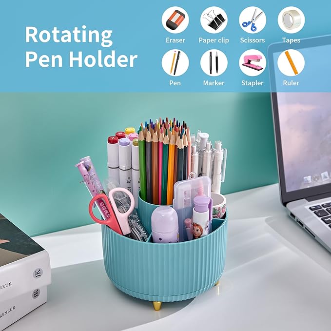 Marbrasse Desk Organizer, 360-Degree Rotating Pen Holder for Desk, Desk Organizers and Accessories with 5 Compartments Pencil Organizer, Art Supply Storage Box Caddy for Office, Home (Light Blue)