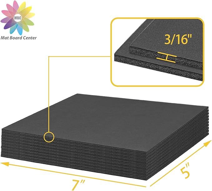 Mat Board Center, Pack of 10 Acid-Free Foam Boards, 5x7 inch Black Foam Boards, 3/16" Thick