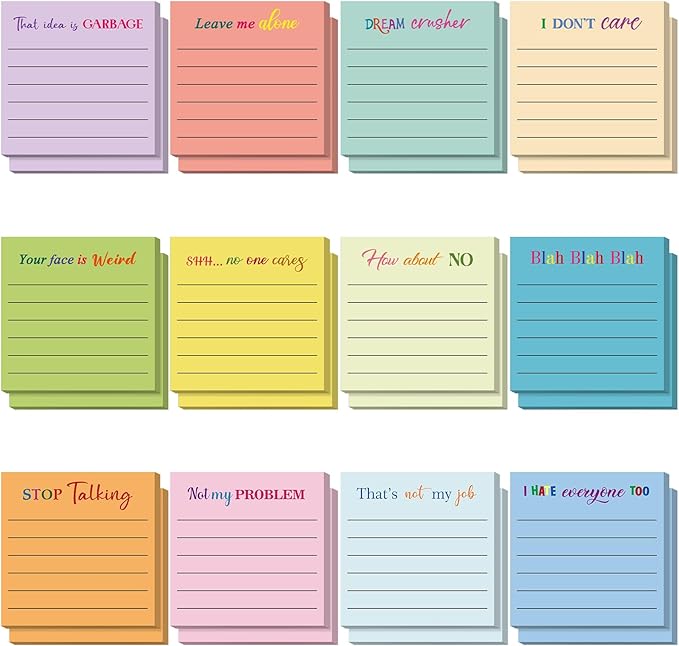 Yinder 24 Pcs Inspirational Sticky Notes with Lines Cute Motivational Sticky Notes Pad Employee Appreciation Gifts Bulk for Teacher Nurse Coworkers Office Supplies 3 x 3''(Light Color,Funny)