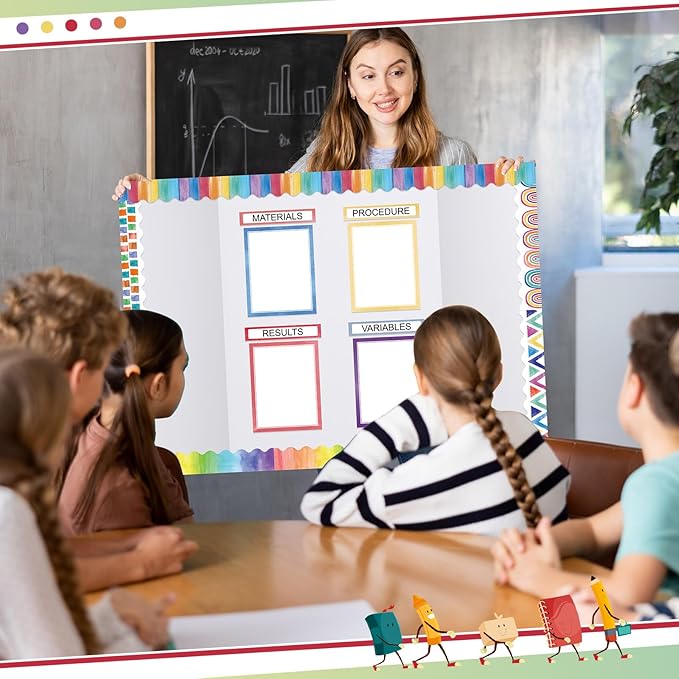 90 Pcs Science Fair Board Supplies 60 Trim Scalloped Bulletin Board Borders 24 Presentation Board Subtitles 6 Science Fair Titles for Classroom Display Boards (Watercolor)